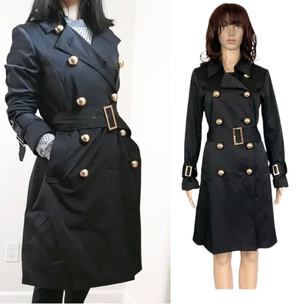 INC Double Breasted Belted Long Lightweight Trench Coat Black Gold Buttons S